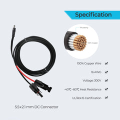 Solar Panel Accessories | Renogy | 3m 16AWG Solar Connector to 5.5x2.1mm DC Connector Adapter Cable